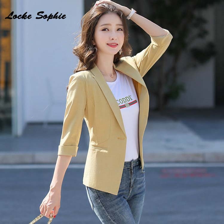 1pcs Women's plus size Blazers coats 2020 Spring Cotton Middle sleeve Slim fit Small Suits jackets ladies Skinny Blazers Suits