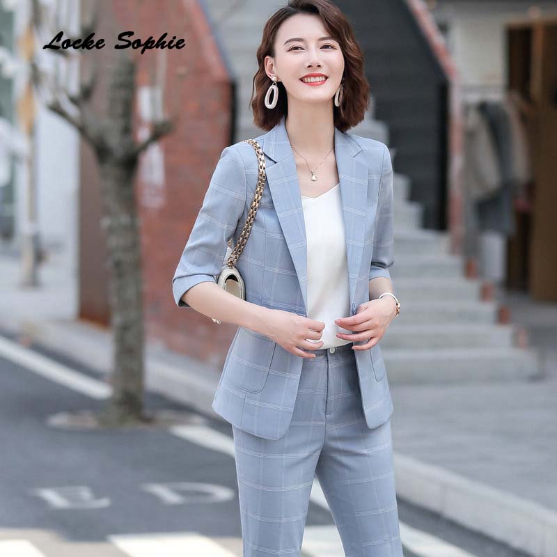 1pcs Women's plus size Blazers coats 2020 Spring Cotton plaid Slim fit Small pockets Suits jackets ladies Skinny Blazers Suits