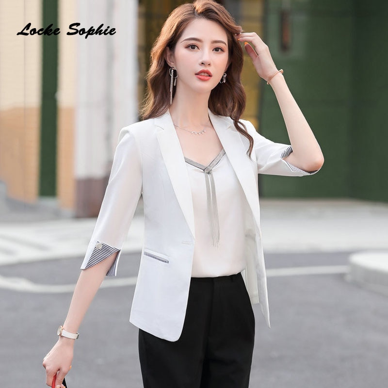1pcs Womens plus size Blazers coats 2020 Spring Cotton blend Slim fit Middle sleeve jackets ladies Skinny Small Blazers Suits