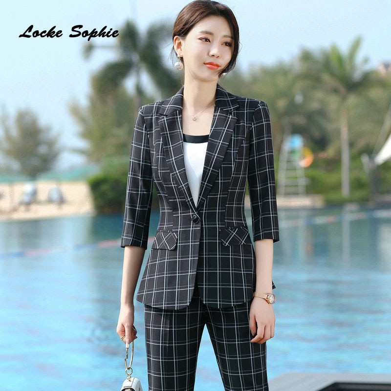 1pcs Womens plus size Blazers coats 2020 Spring Cotton blend plaid Splicing Slim fit jackets ladies Skinny Small Blazers Suits