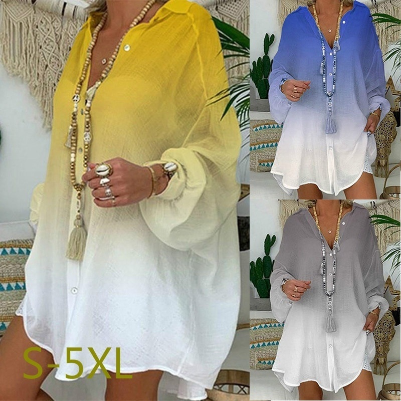 2019 Autumn New Women's Chiffon blouse Gradient Print Loose Large Size Sunscreen Shirt