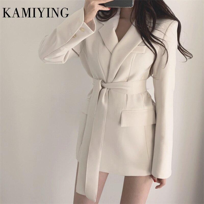 2019 Autumn Winter Women Jackets Office Ladies Lace up Notched Formal Outwear Elegant White Tops Female Fashion New