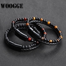 2019 Fashion Men Jewelry Genuine Leather Bracelet Black Stainless Steel Magnetic Clasp Tiger eye Natural Stone Bead Bracelet Men