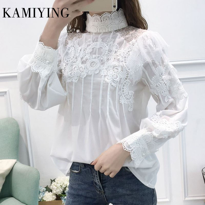 2019 New Arrival Mesh Lace Patchwork Shirt Female Stand Collar Lantern Sleeve Hollow Out Fashion Woman Blouses