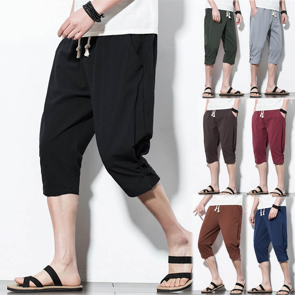 2019 New Beach Pants Men Summer Fashion Leisure Pure Color Button Linen Loose Baggy Elastic Waist Calf-Length Pants c0610