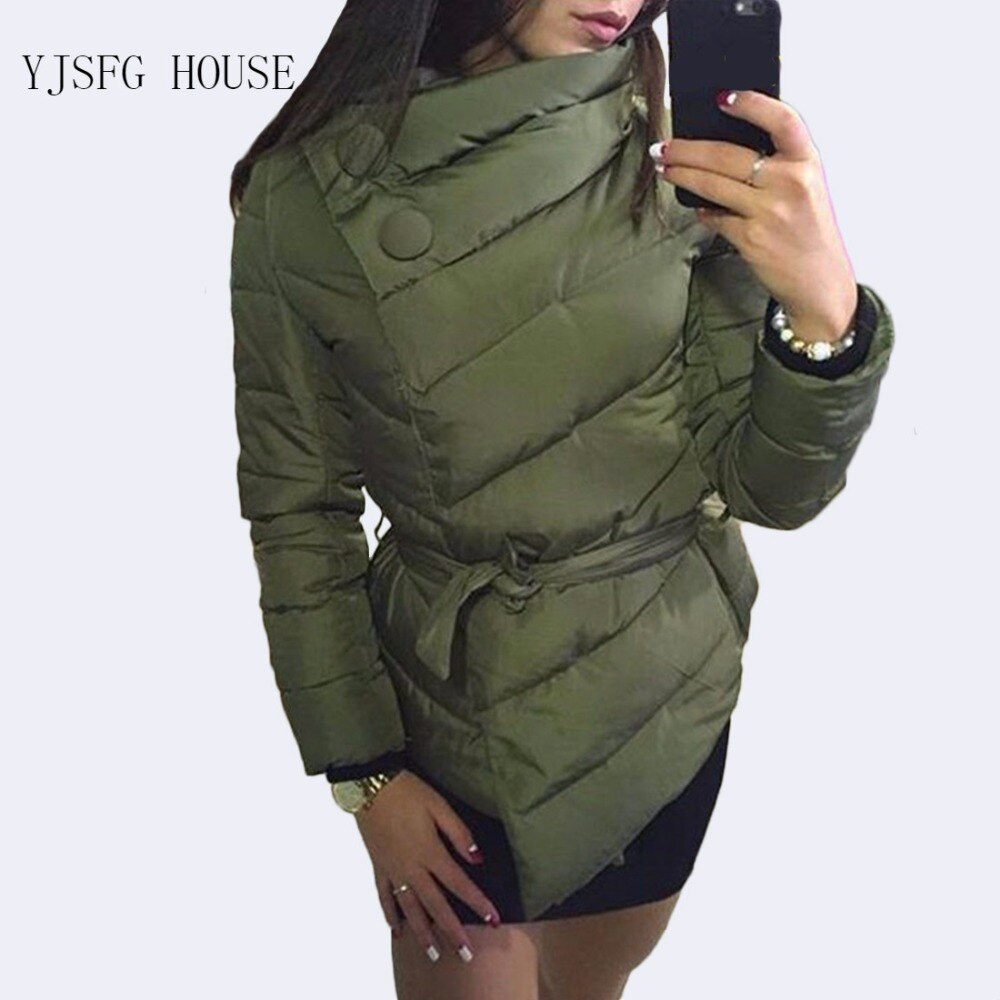 2019 New Coat High Neck Sashes Button Coats Warm Sashes Quilted Jacket Winter Single Breasted Women'S Casual Short Down Parka