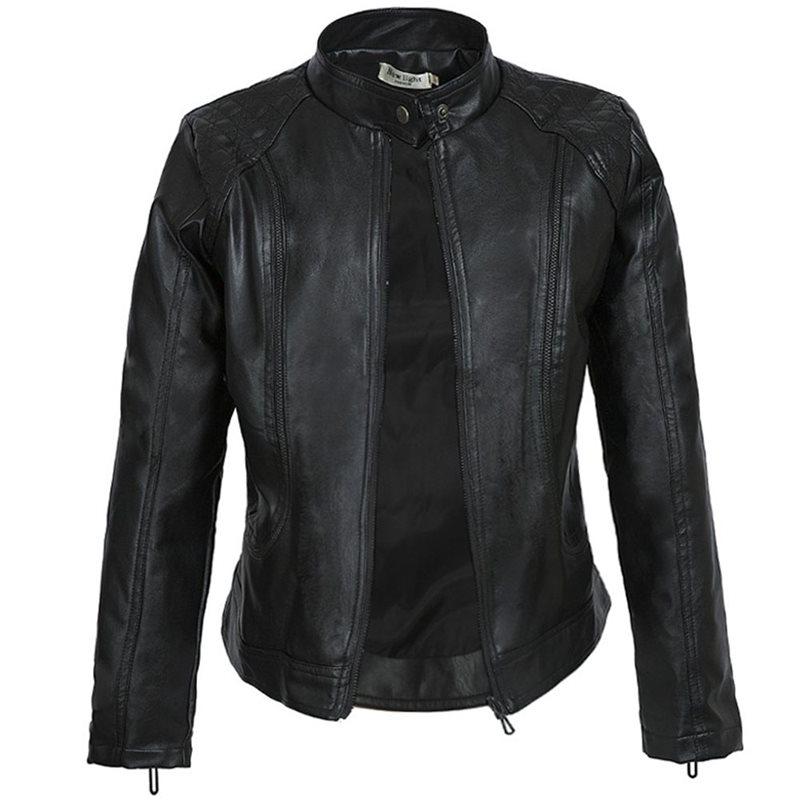 2019 New Fashion Women Autumn Winter Black Faux Leather Jackets Zipper Basic Coat Standing Collar Biker Motorcycle Outerwear