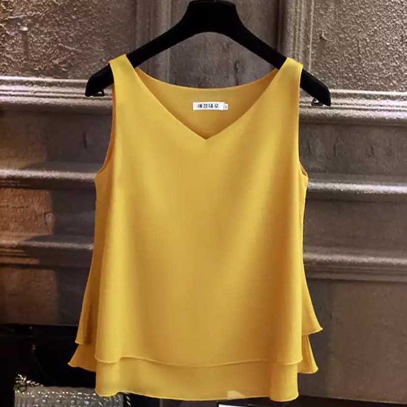 2019 New Fashion Women's blouse Summer sleeveless Chiffon Blouse Solid V-neck Casual blouse Plus Size 5XL Loose Female Tops