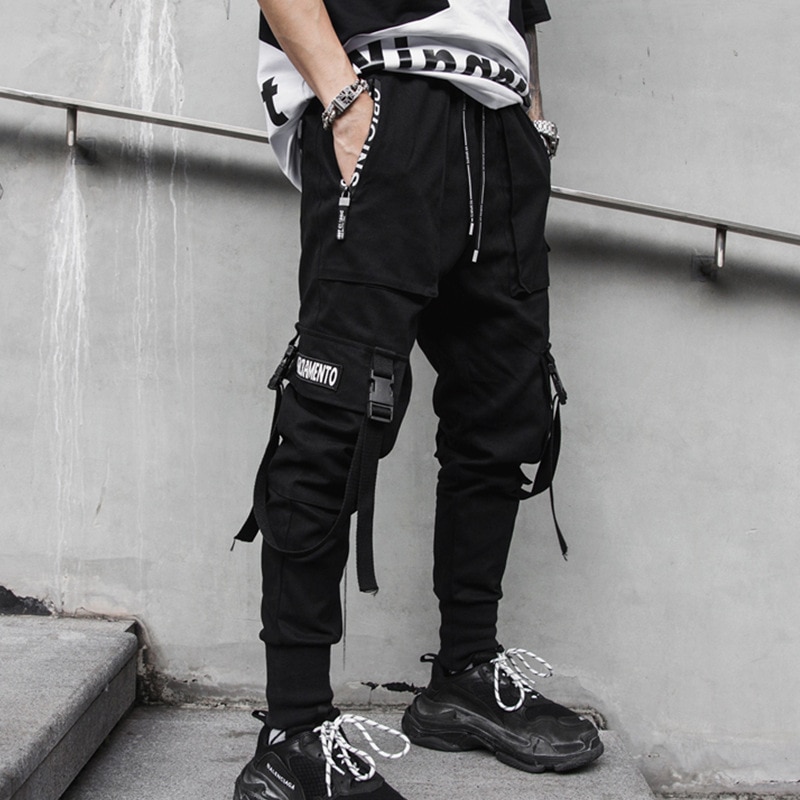 2019 New Hip Hop Joggers Men Black Harem Cargo Pants Multi-pocket Ribbons Man Sweatpants Streetwear Casual Mens Pants 3XL