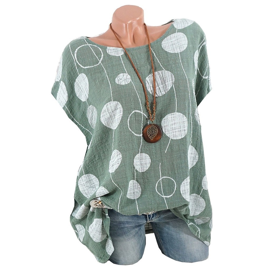 2019 New Summer Women Print Polka Dot Plus Size Shirt Short Casual O Neck Batwing Sleeve Blouses