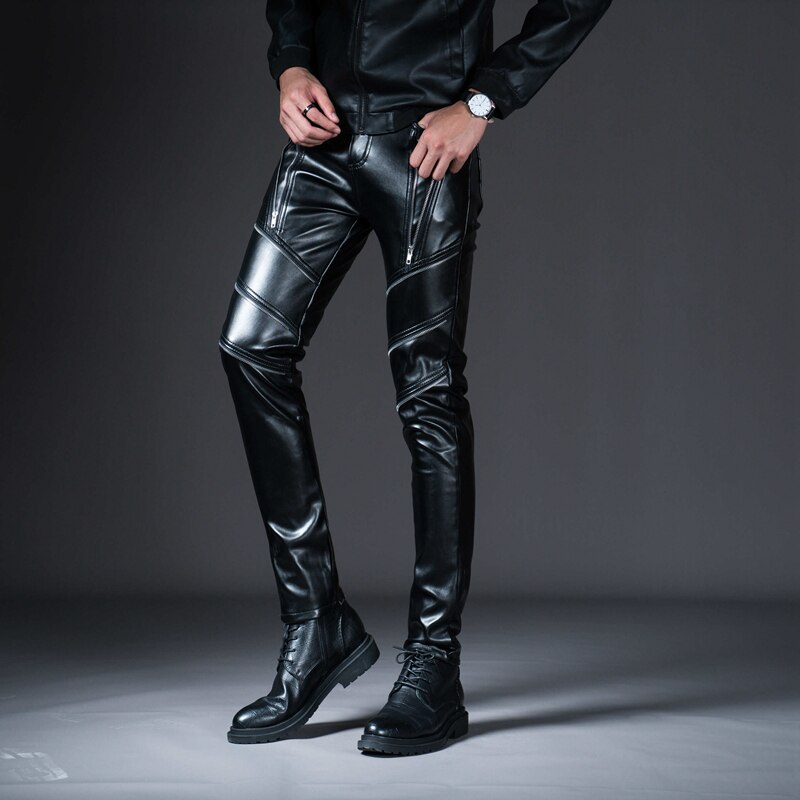 2019 New Winter Spring Men's Skinny Leather Pants Fashion Faux Leather Trousers For Male Trouser Stage Club Wear Biker Pants