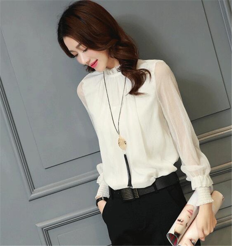 2019 New Women Tops Casual Long Sleeve Stand Neck Work Wear Shirts Elegant Lady Blouses Solid Color Blusas Chiffon Blouse