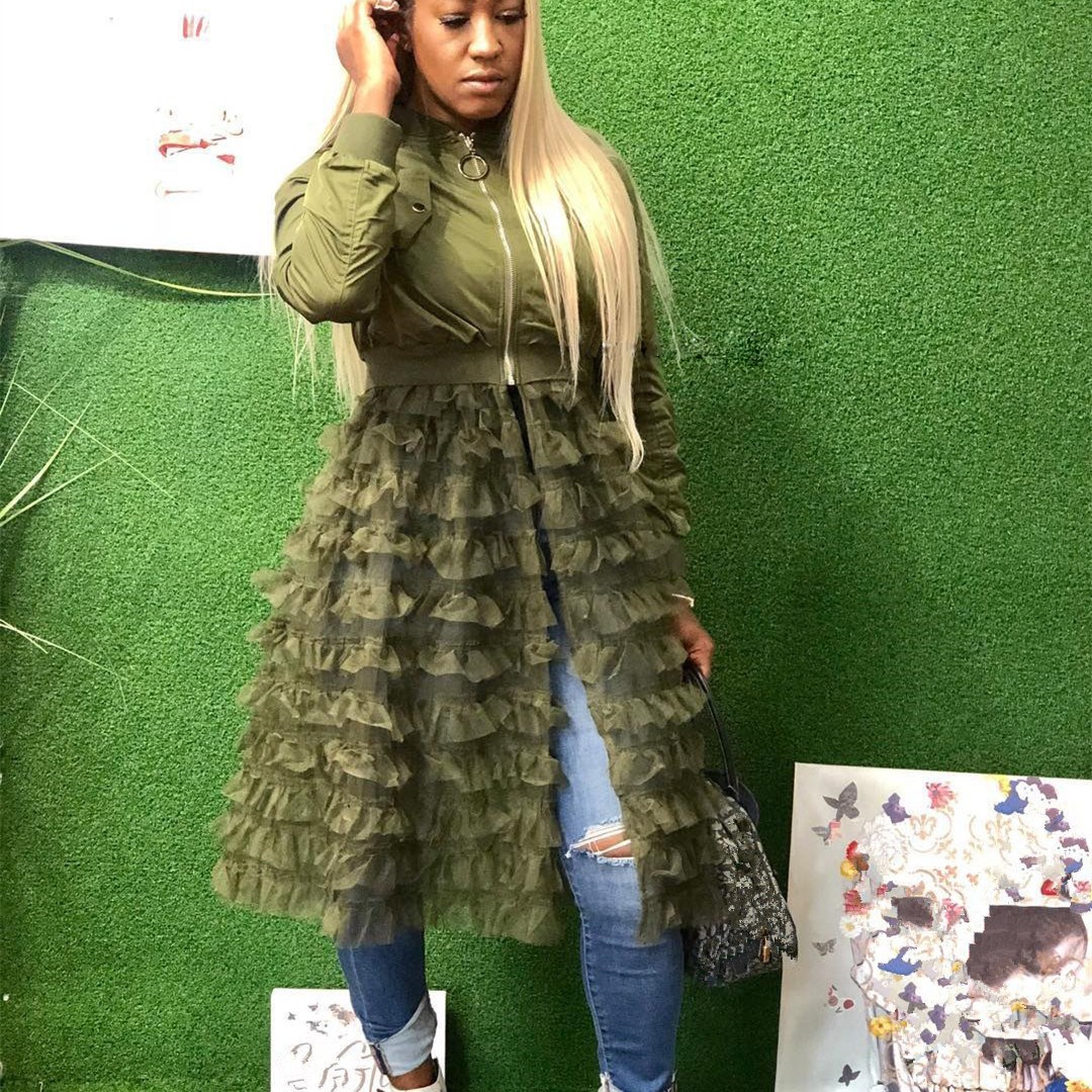 2019 New Women Zipper Solid Color Mesh Jacket Loose Long Sleeve Laminated Ruffles Casual Coat Ruched Solid Long Overcoat