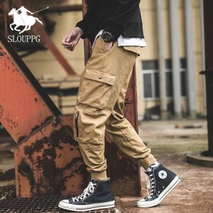 2019 SLOUPPG Men Fashion Streetwear Mens  Jogger Pants Ribbons Cotton Cargo Pant Trousers Elastic Waist Harem Pant Men