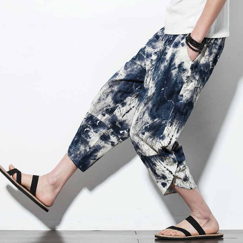 2019 Sinicism Men Printed Linen Pants Streetwear Joggers Trousers Fashion Drawstring Hip Hop Loose Harem Pants Mens Sweatpants