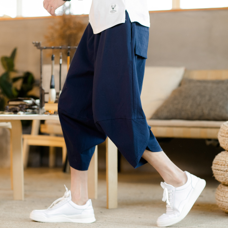 2019 Sinicism Men's Pants Cotton Harem Baggy Casual Pants Male Elastic Waist Wide Leg Patchwork Linen Capri Trousers S-5XL