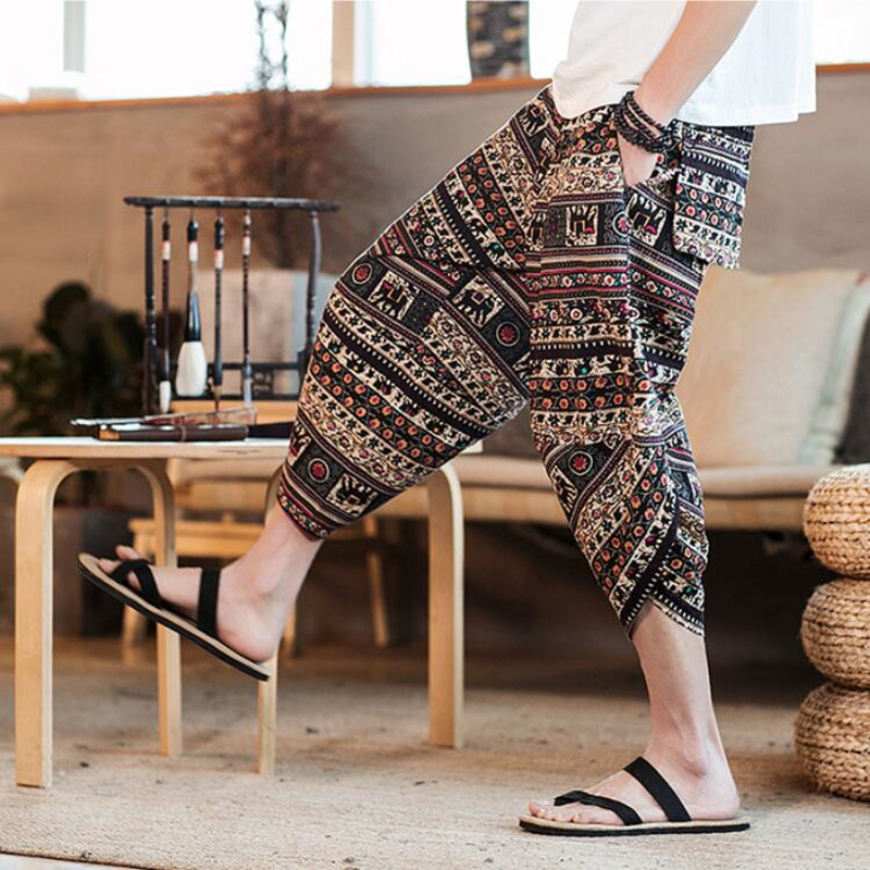 2019 Sinicism Summer printing Cotton Linen Men Casual Harem Pants Calf-Length Pant sweatpant Male loose Trousers Plus size S-5XL