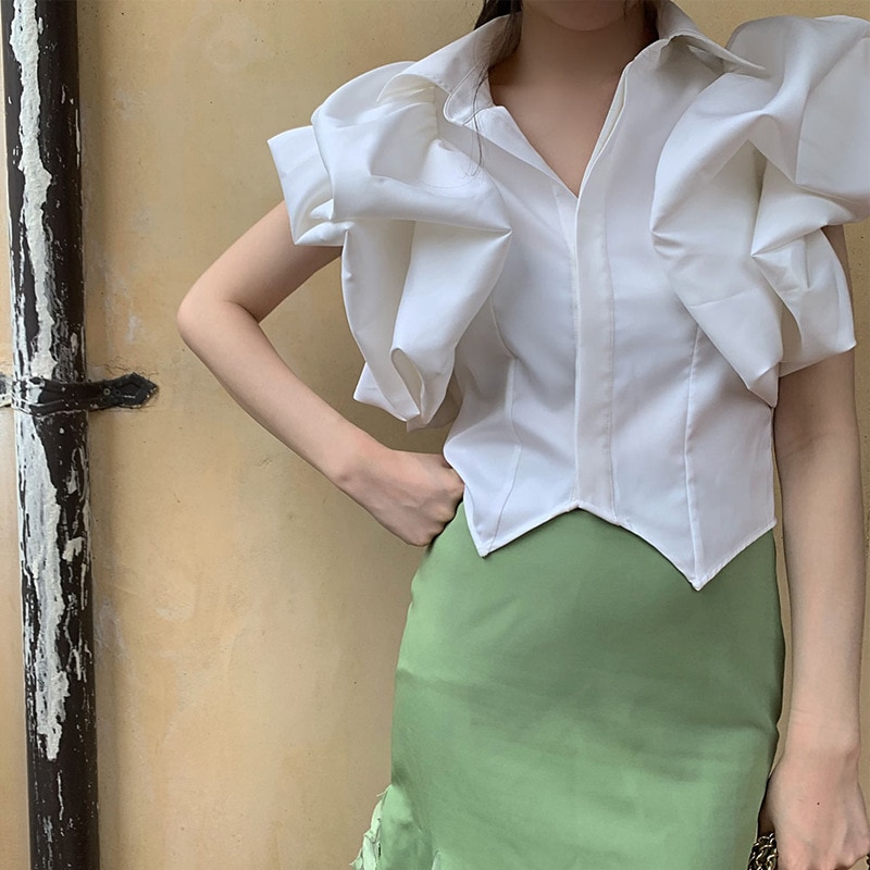 2019 Summer Fashion Lapel Collar Short Sleeve Ruffles Irregular Hem Shirt Tops