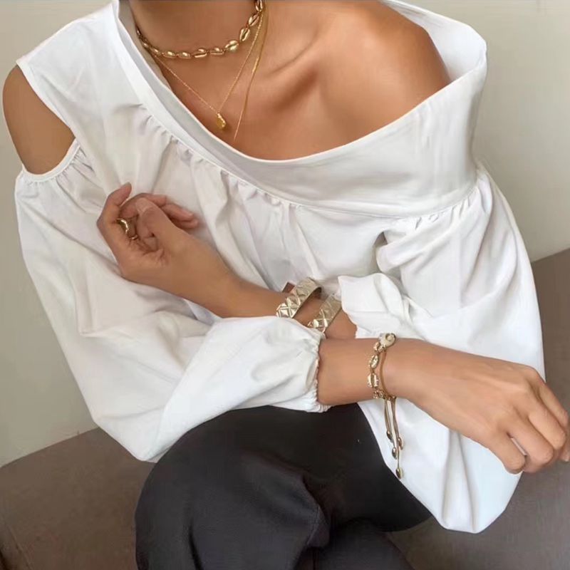 2019 Summer New Arrival Sexy Irregular Shirt For Women Skew Collar Off Shoulder Lantern Sleeve Hollow Out Blouse