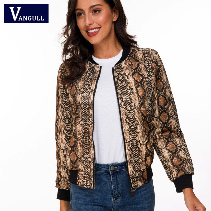 2019 Vangull Snake Skin Print Zipper Closure Sreetwear Women Jackets Brand Spring New Long Sleeve Casual Baseball Jackets