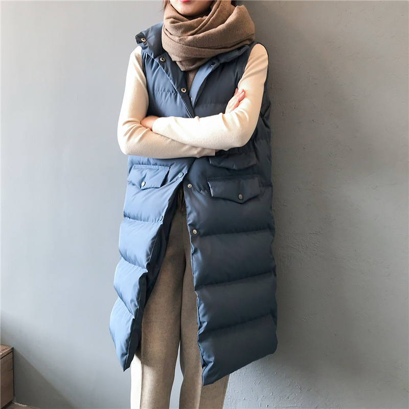 2019 Winter New Long Vests Women's Trendy Wild Thin Solid Color Stand Collar Sleeveless Casual Loose Single-breasted Vests Women