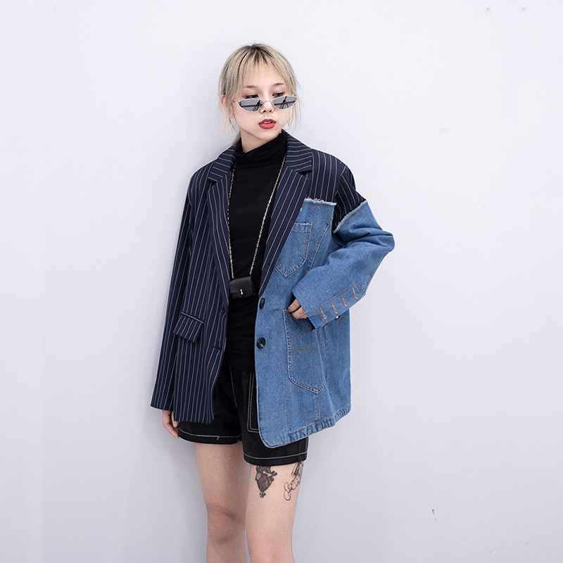 2019 Women Blazer Streetwear Jeans Jacket Splice coat Ladies Personality Chic jacket Vertical Stripes Casual Female Coat Jacket