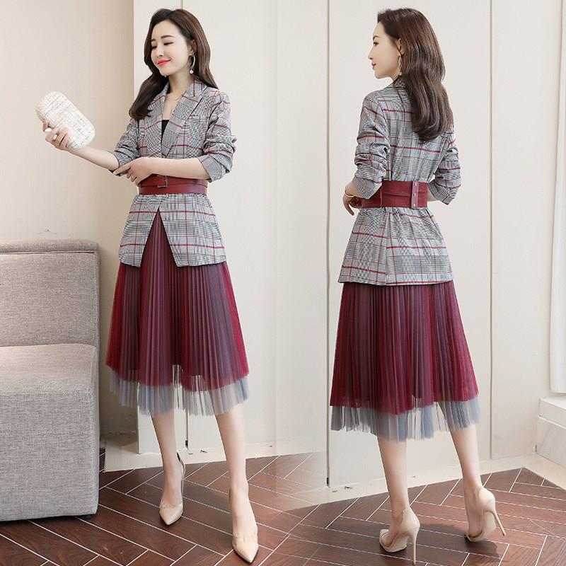 2019 Women Plaid Blazer Mesh Pleated Skirt Suit Office Wear Formal Blazer Jacket Women Formal 2 Piece Set