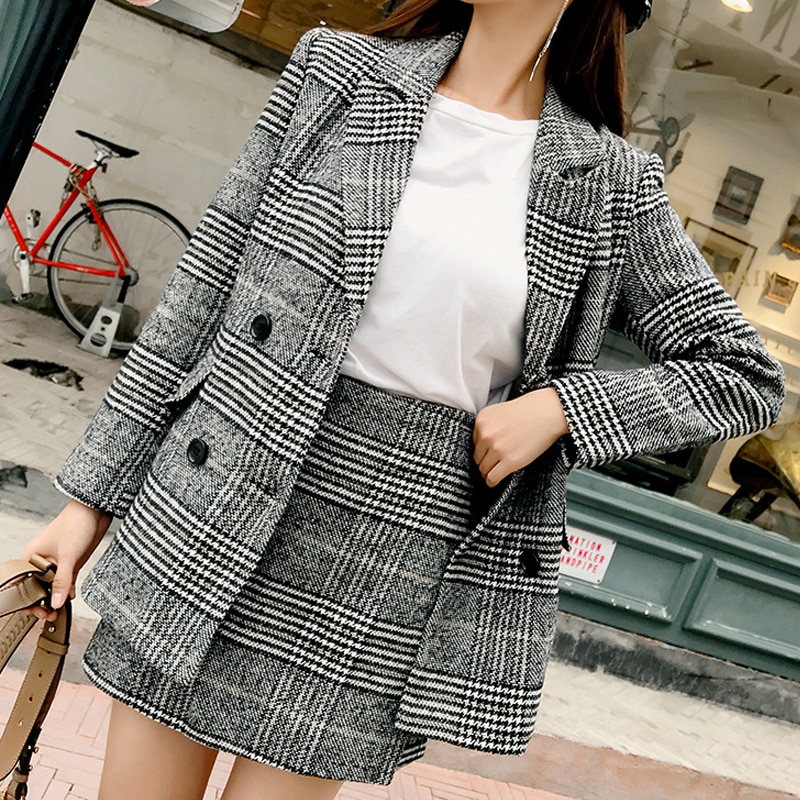 2019 Women Plaid Blazers Mini Skirt Two Pieces Sets Elegant Women Plaid Skirt Suits Spring Blazer