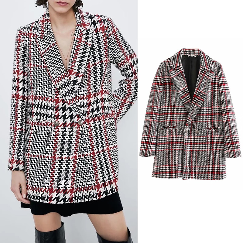 2019 Za Women?s jacket plaid printed Singl buckle Elegant pockets long sleeve ladies blazer fashion casual jackets