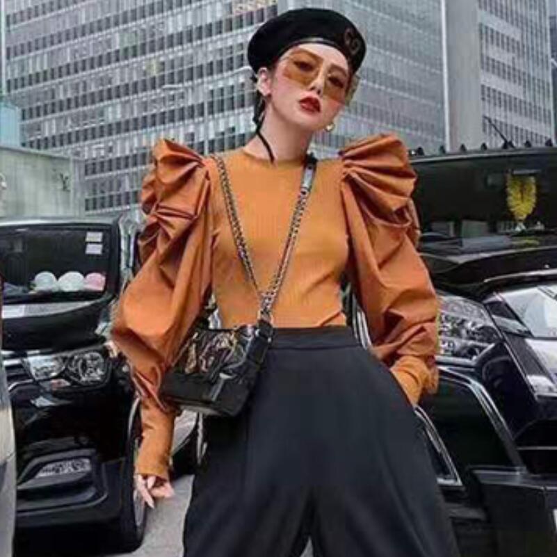 2019 new fall stretch knit stitching Puff shirt