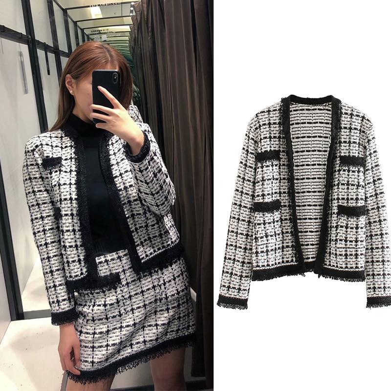 2019 new tweed casual jacket women plaid beading tassel coat Open Stitch ropa mujer elegant jacket femme za coat women overwear