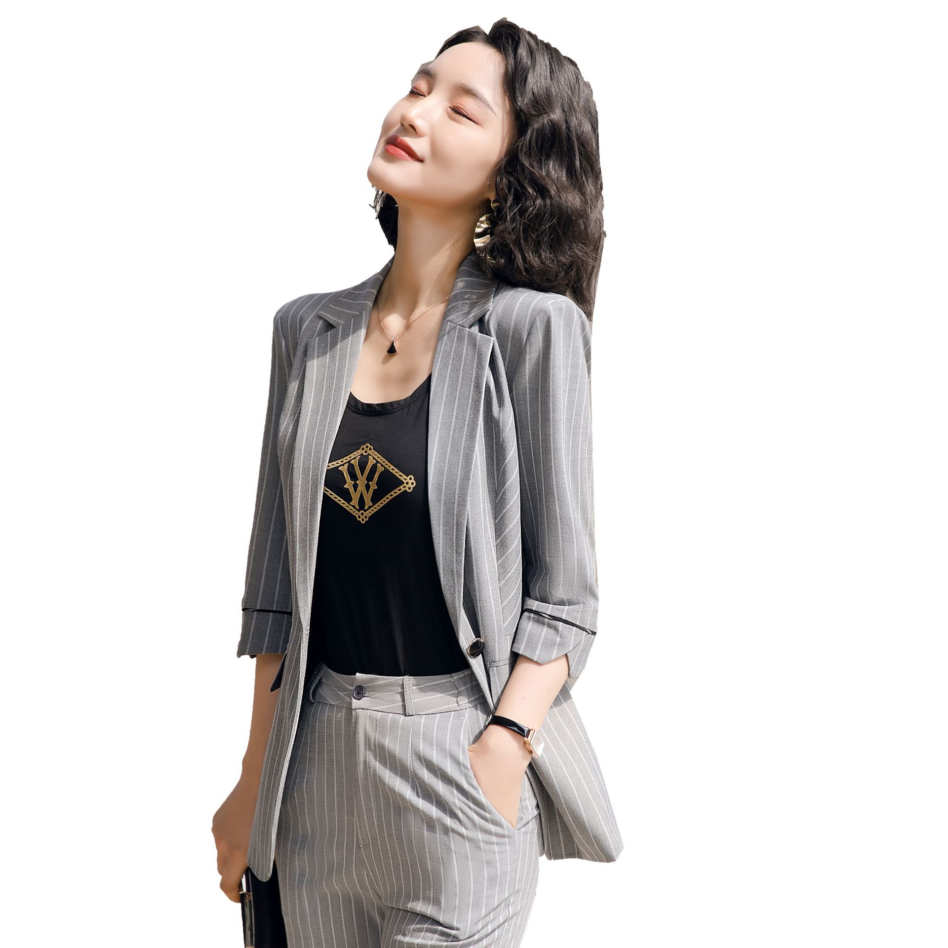 2020 Black Gray Female Elegant Stripes Women's Suit Set Blazer and Trouser Pant Business Uniform Clothing Office Lady Two Pieces