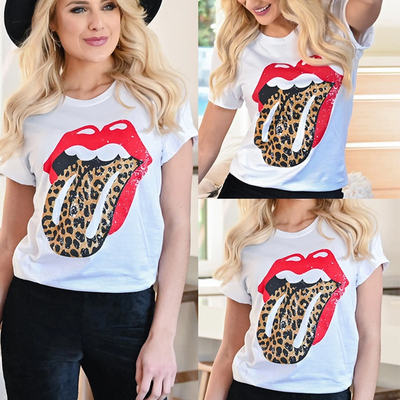 2020 Fashion Casual Funny Red Lips Pattern Round Neck Short Sleeve Women Blouse Sexy Tops and Shirt Funny Shirt Women