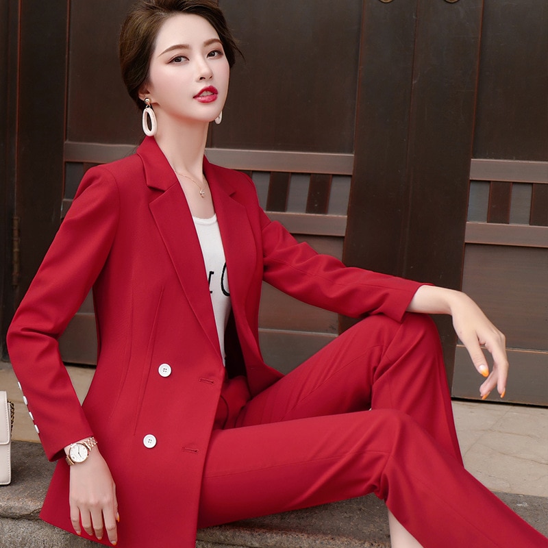 2020 Fashion Female Elegant Business Pant Suits Office Uniform Formal OL Long Pant Blazer And Pants  2 Piece Set Jacket Trousers