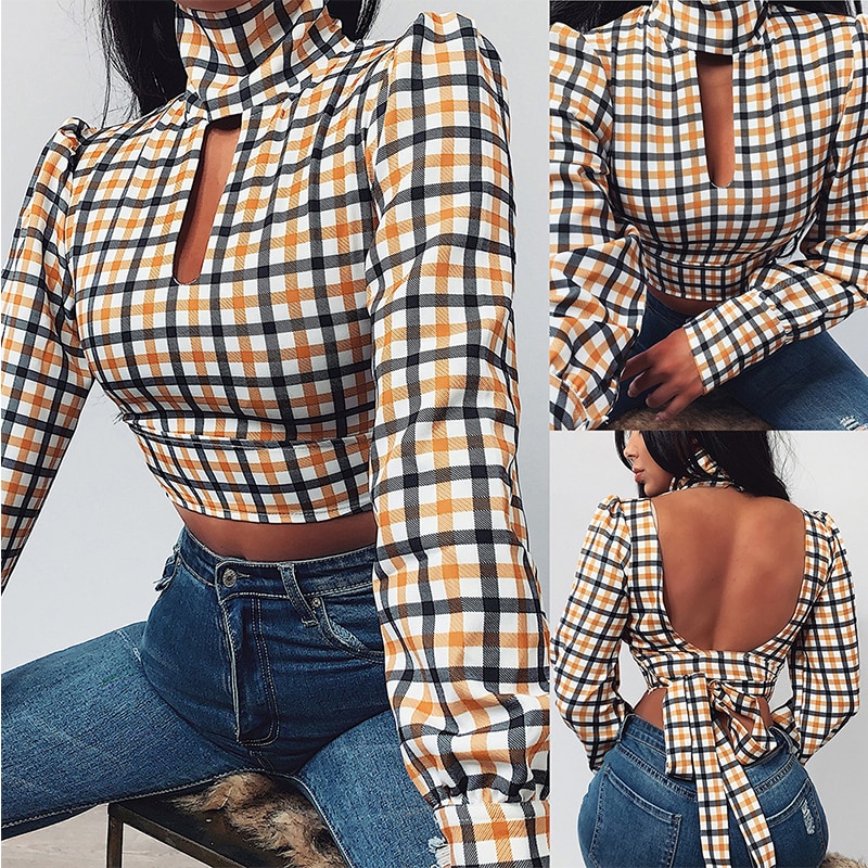 2020 Fashion Sexy Turtleneck Plaid Printed Hollow Out Sexy Backless Bandage Long Sleeve Women Crop Tops Sexy Tops and Shirt