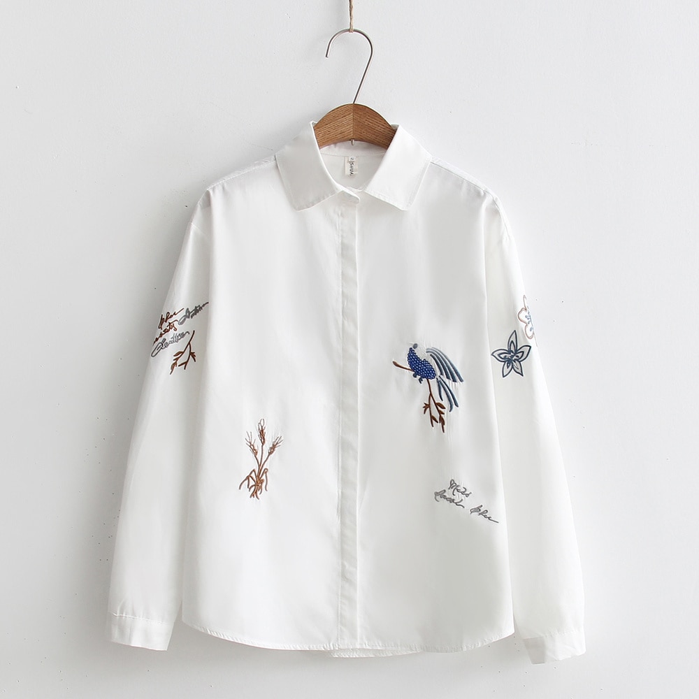 2020 Fashion Spring White Shirt Turn-down Collar Women Loose Blouses Long Sleeve Blouse Embroidery Female Button Down Shirts