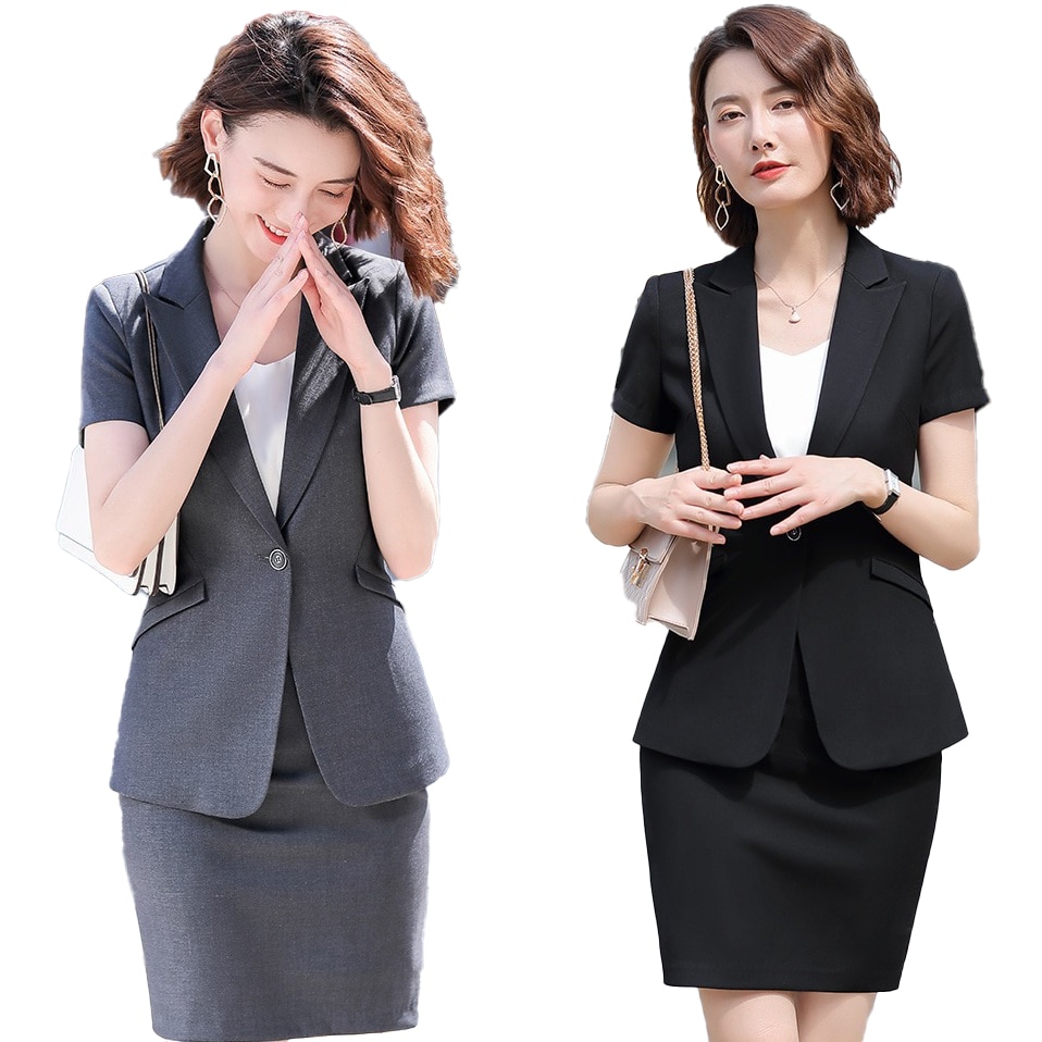 2020 Female Elegant Formal Office Work New Skirt Suits for Women Business Suits Office Ladies Grey Blazer and Jacket Sets Summer