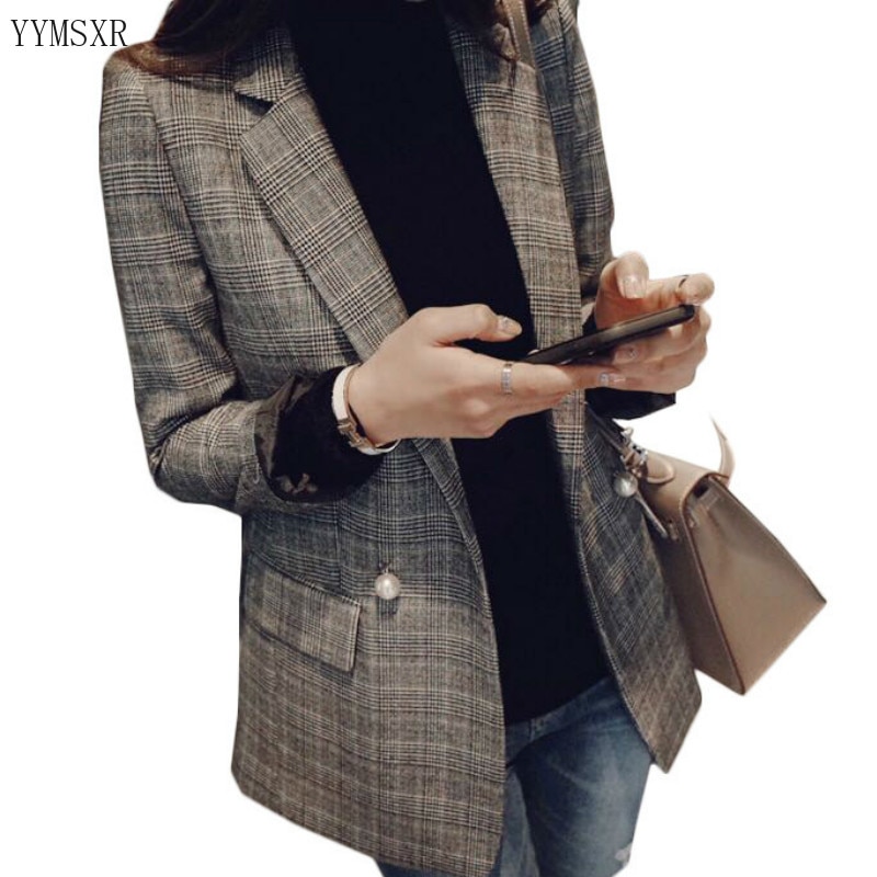 2020 Korean Women's Jacket Feminine Casual elegant checked mid-length ladies suit Stylish slim plus size blazer Female Coat