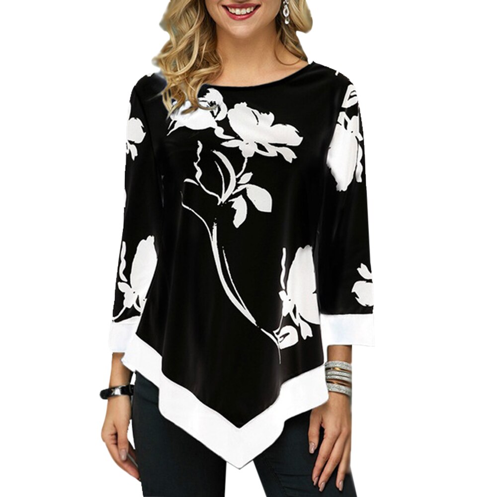 2020 New Autumn Arrival Women's Fashion Round Neck Shirt Long-sleeved Shirt Women Print Irregular Hem Tunic Casual Top