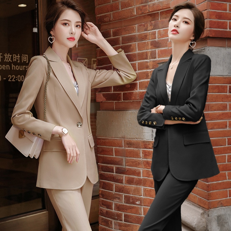 2020 New Female Formal Elegant Women Office Lady Pant Suits of Business OL Blazer Suit Jackets Length Trouser Two Pieces Set
