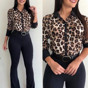 2020 New Women Leopard Print Contrast Shirt Ladies Casual Wild Long Sleeve Shirt Collar Button Blouse Office Tops Clothes D30
