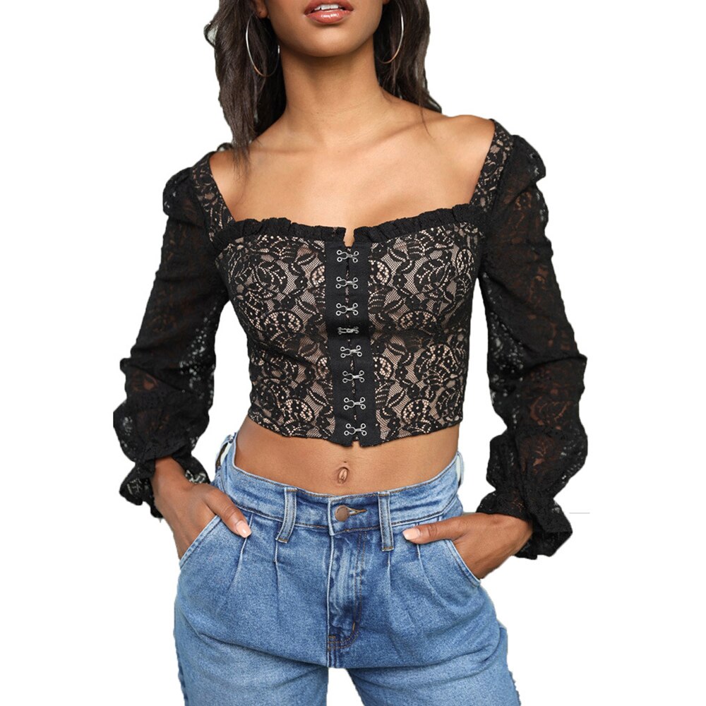 2020 New Women Sexy Lace Crop Short Shirts Lace Square Collar Lantern Sleeve Hollow Out Slim Blouses Tops Streetwear D30