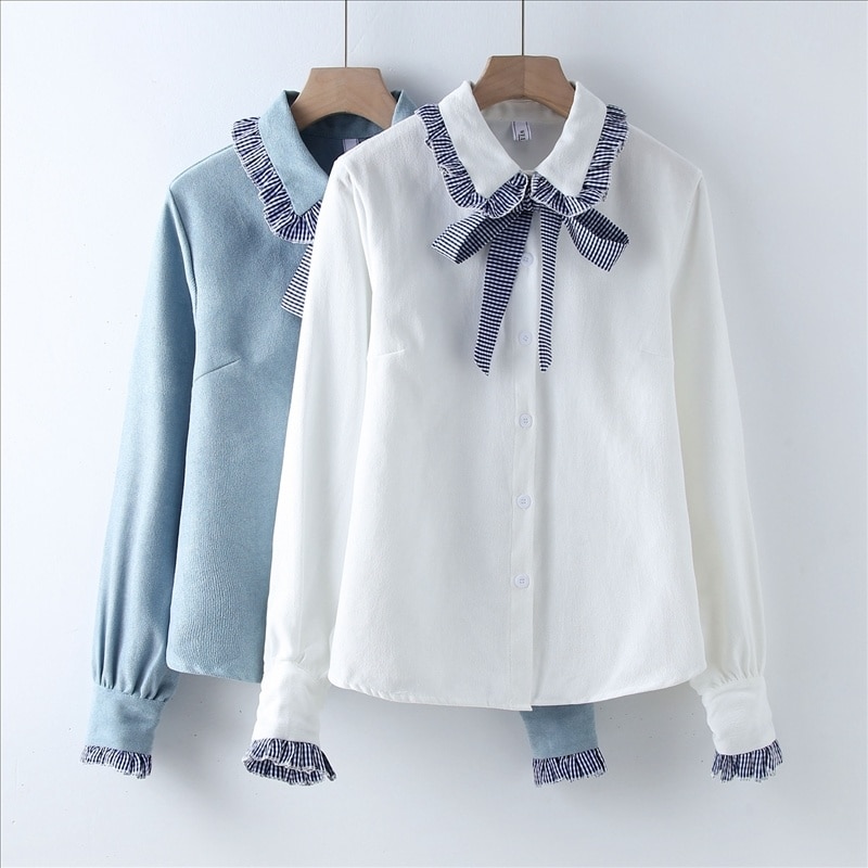 2020 Plus Velvet Women's Blouse Plaid Lacing Turn-down Collar Female White Shirt Office Ladies Tops Long Sleeve Comfortable