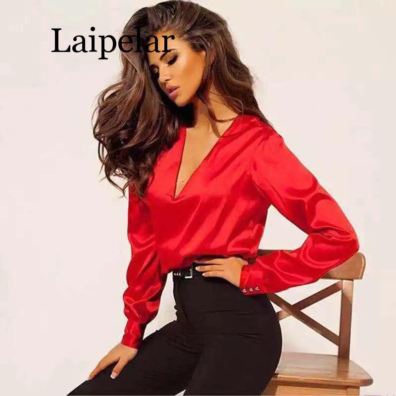2020 Sexy Fashion V Neck Satin Blouse Shirt Casual Long Sleeve Button Women's Slim Blouses Office Lady Shirt Elegant Shirts Tops