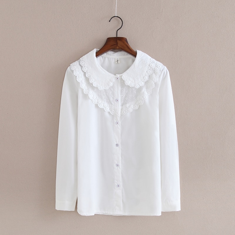 2020 Solid OL Style White Shirt Women Blouses Peter Pan Collar Tops Female Sweet Office Lace Button Down Shirts Ladies Clothing