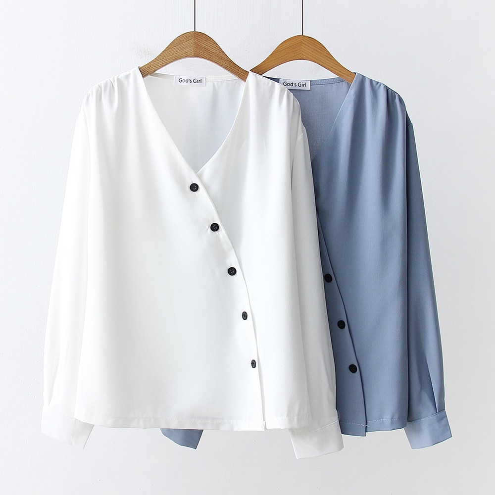 2020 Solid V Neck White Blouse Office Ladies Elegant Tops Long Sleeve Button Up Shirts Feminina Single-breasted Workwear