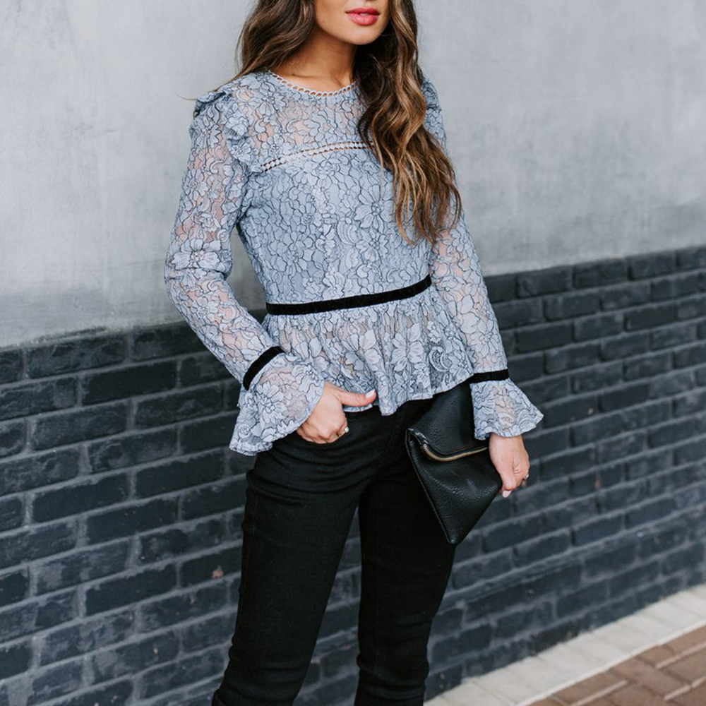 2020 Spring Ladies Simple Lace Tops Women Elegant Perspective Flare Sleeve Ruffle Hem Back Zipper Office Style Shirts Blouse D30