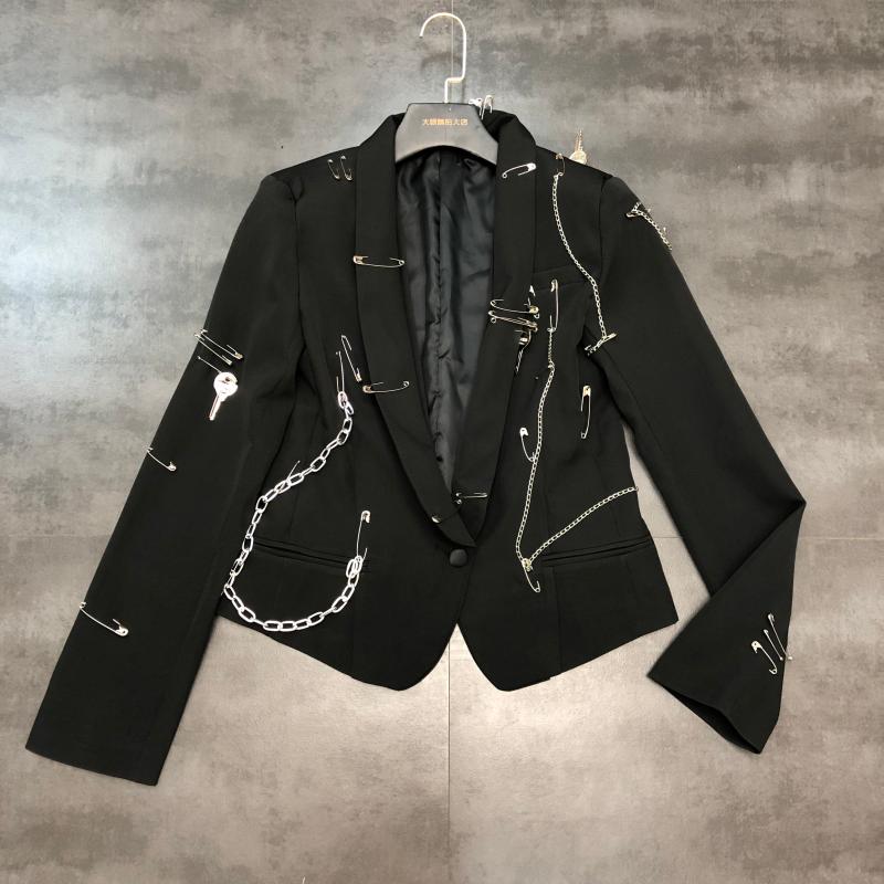 2020 Spring New Pin Chain Punk Style Small Suit Cropped Jacket Slim-Fit Suit Jacket Women High Street Black Blazer Coat Femme