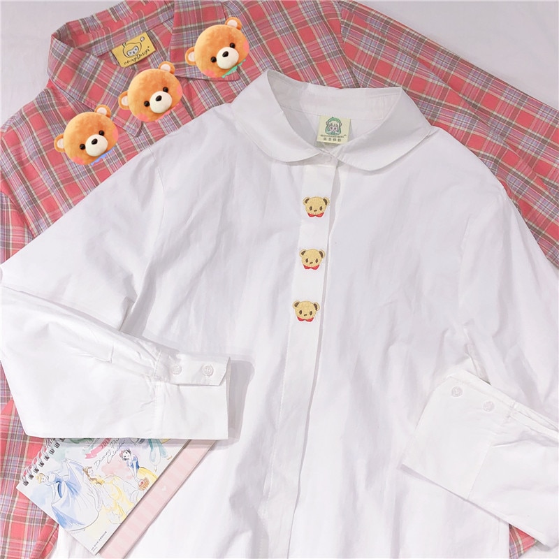 2020 Spring New Retro Girl Loose Button Shirts Japan Long Sleeve Cartoon Embroidery Blouses Women Cute White Shirt Top Female