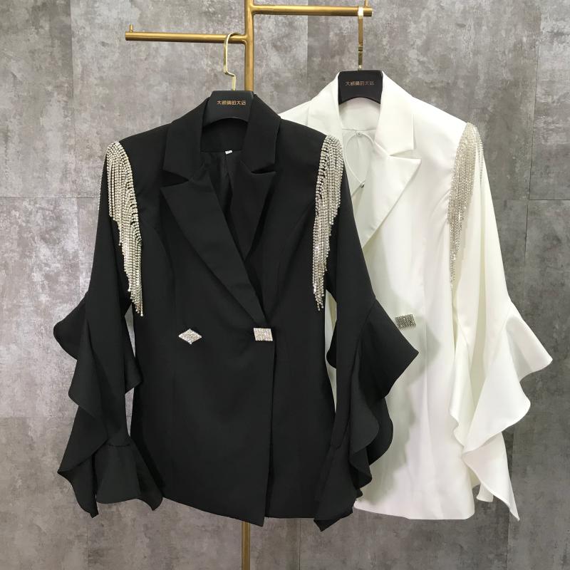 2020 Spring New Shoulder Tassel Rhinestone Chain Lace Sleeve Suit Cropped Jacket Top Woman White Blazer Blazers Black Coats